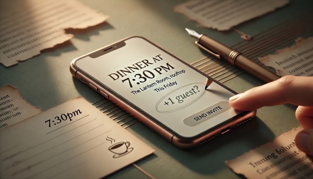 Dinner invite on phone—7:30 at The Lantern Room, send invite pressed, fountain pen and note scraps on a warm bronze and sage desk