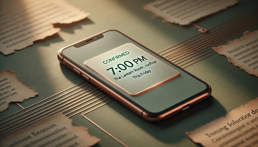 One confirmed plan on a phone—time, place, and clarity on a sage surface with connected notes