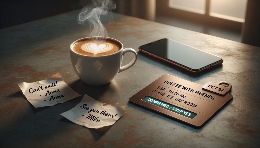 From messy notes to one bronze Plan Card: time, place, and confirmed—coffee on a warm oxidized tabletop
