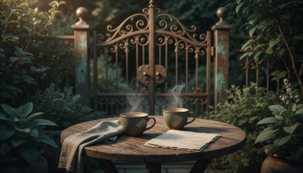 Private garden: steaming mugs on a wooden table before an ornate gate—warm bronze and verdigris, enclosed and calm